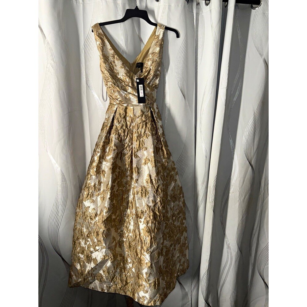 Donna Karan New York Gold Floral Jacquard V-Neck Sleeveless Midi Dress 6P